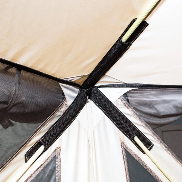 Шатер Следопыт быстросборный, 6 стен (3,35х3,85х2,25 м) бежевый/зелёный