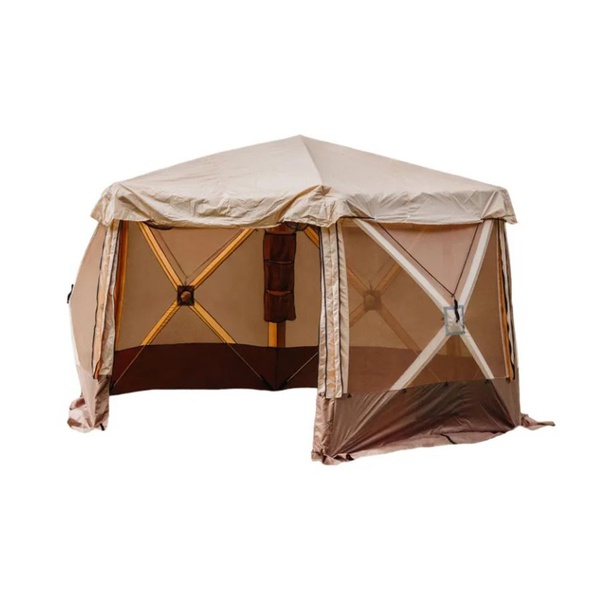Шатер Следопыт быстросборный, 6 стен (3,35х3,85х2,25 м) бежевый/коричневый