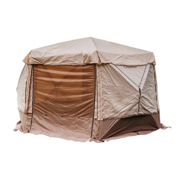 Шатер Следопыт быстросборный, 6 стен (3,35х3,85х2,25 м) бежевый/коричневый
