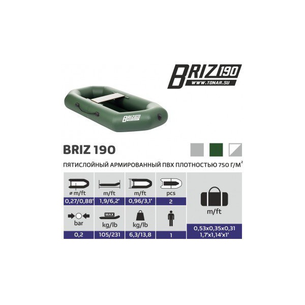 Лодка Тонар Бриз 190 с гребками зеленый