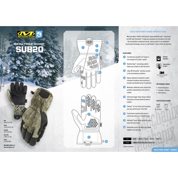 Перчатки зимние охотничьи Mechanix Realtree SUB 20