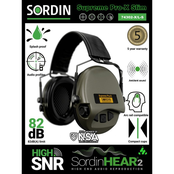 Наушники активные Sordin Supreme Pro-X Slim Leather хаки/черная кожа