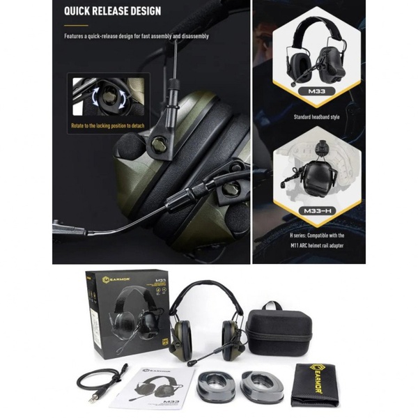 Наушники тактические активные Earmor M33 (с микрофоном для рации) Green