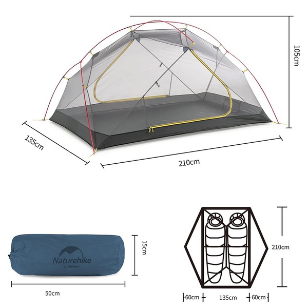 Палатка Naturehike Mongar NH19M002-J 210T (2-х местная, сверхлегкая) Navy Blue