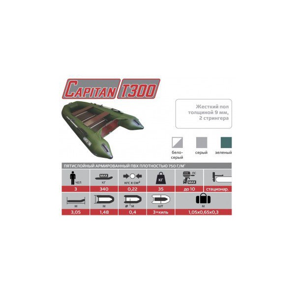 Лодка Тонар Капитан Т300 (киль+пол) зеленый